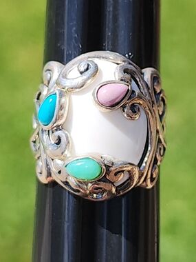 Sterling Silver Carolyn Pollack Ring with Pink, Turquoise & Mint Sz 10